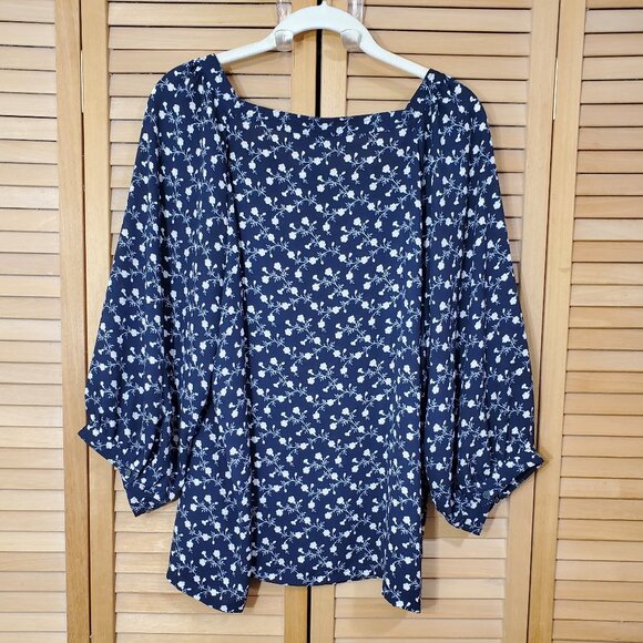 LOFT Navy Vine Print Square Neck Blouse Size L - Picture 6 of 7
